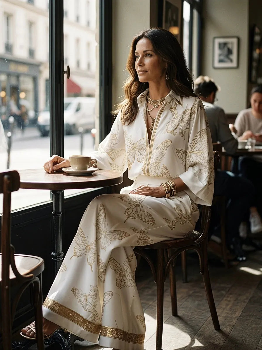 Bohemian Luxe Butterfly Jacquard Blouse & Wide-Leg Pants Set