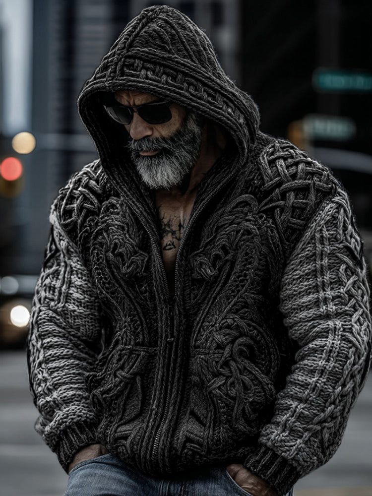 Men's Viking Dragon Totem Chunky Knit Hooded Cardigan
