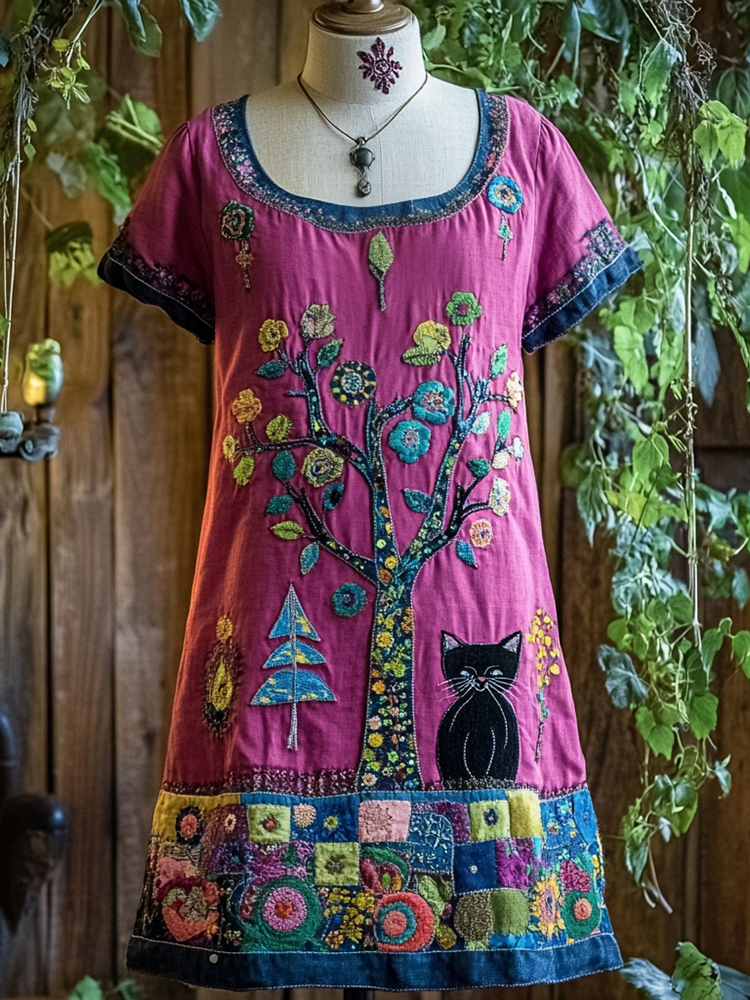 Retro Pop Black Cat And Floral Applique Art Dress