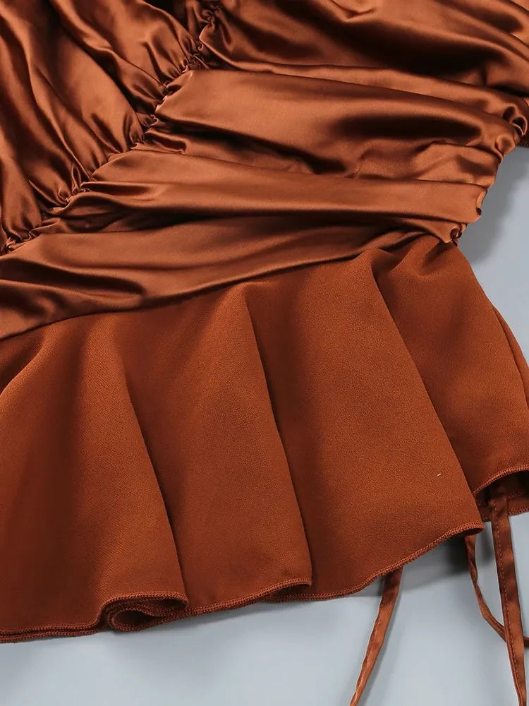 Halter Floral Ruffle Ruched Dress Brown