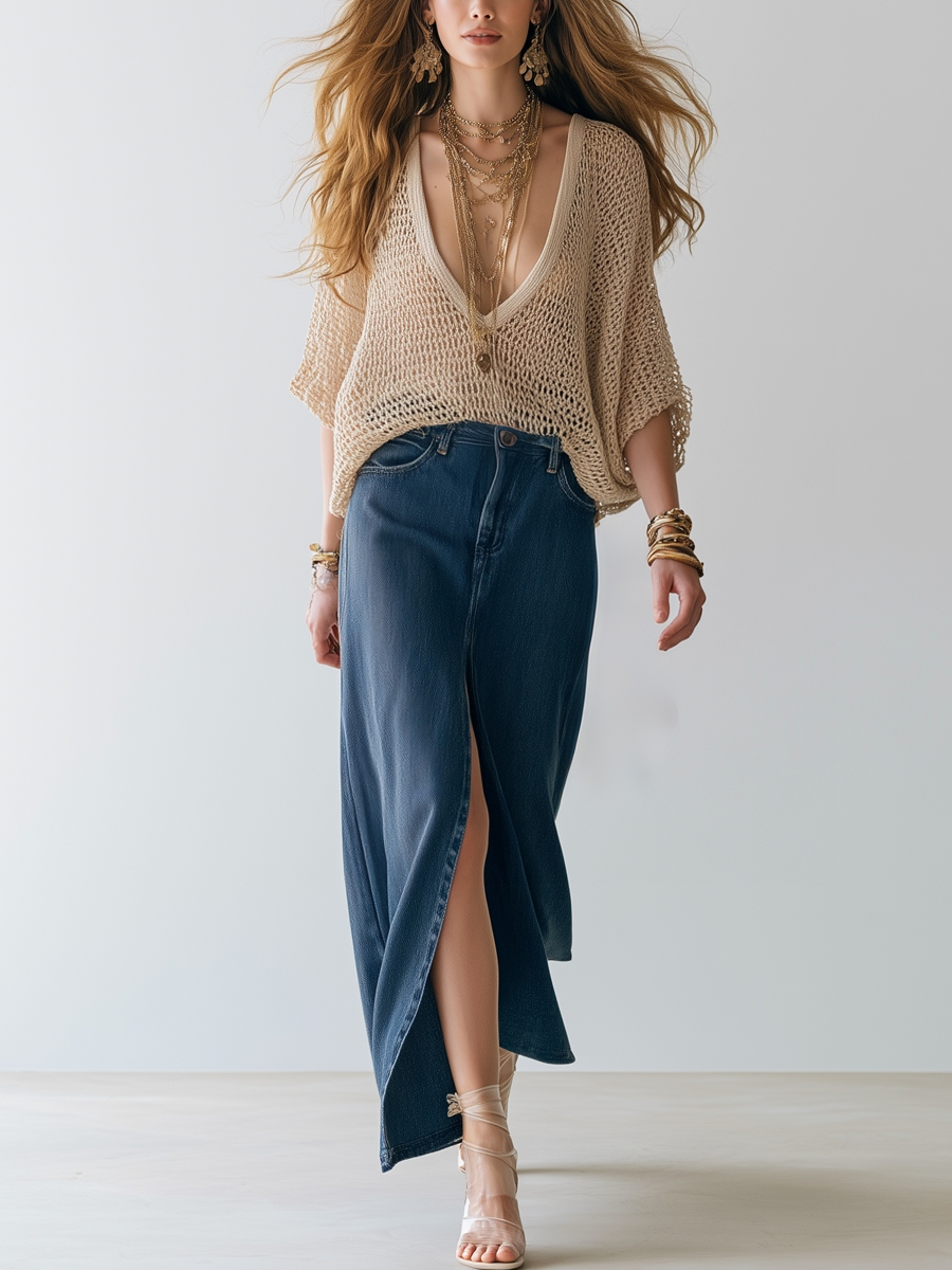 Bohemian Beige Knit Top And Denim Skirt Set
