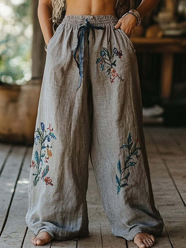 Bohemian Floral Art Printed Cotton Linen Wide Leg Pants