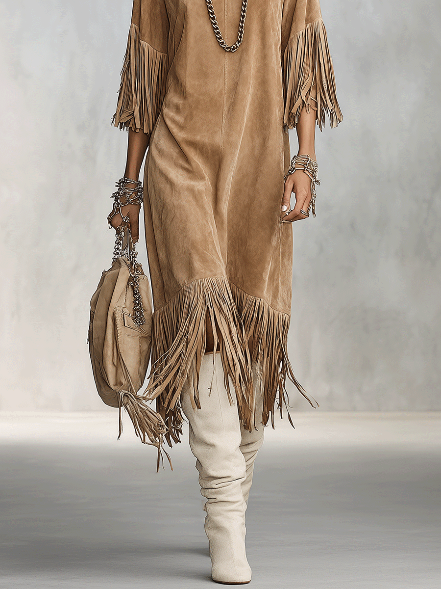 Vintage Faux Suede Oversized Sand Fringe Shift Midi Dress