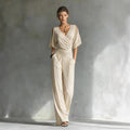 French Chic Wrap V-Neck Jumpsuit - Elegant Ruched Waist Wide-Leg Romper with Shoulder Cut-outs