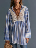 Romantic Resort V-Neck Lace Trim Striped Shirt Top