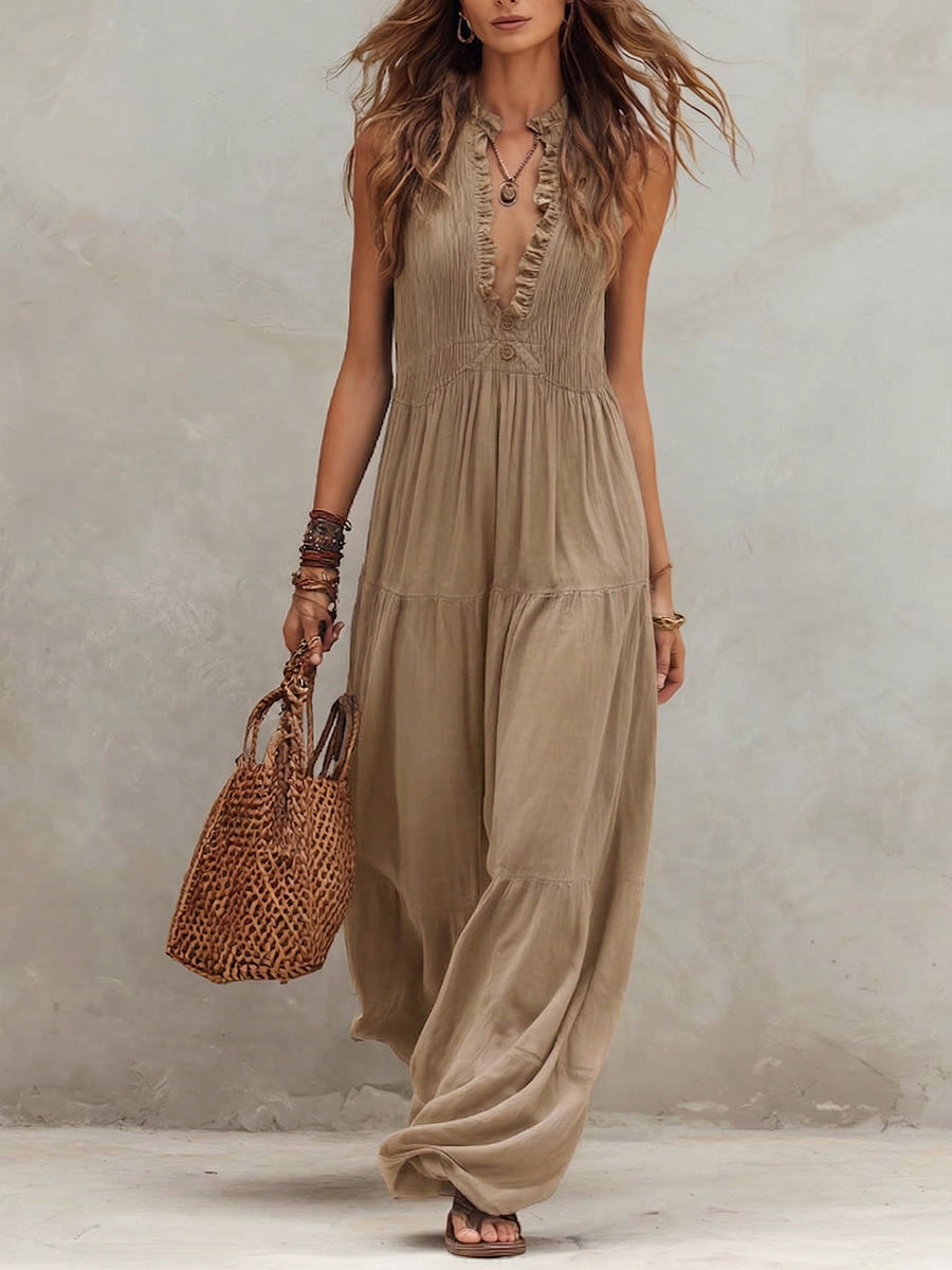 Sexy Ruffled Deep V-neck Jumpsuit