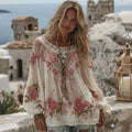 Women's Vintage Floral Art Linen T-shirt