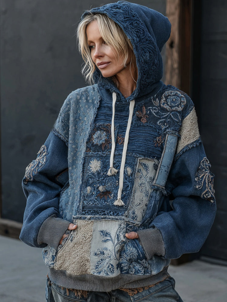 Vintage Boho Floral Embroidered Patchwork Hoodie