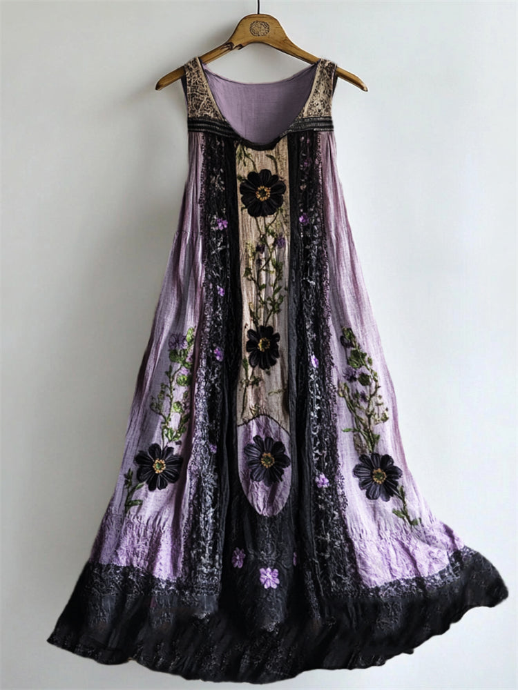 Classy Dark Floral Lace Patchwork Linen Tank Dress