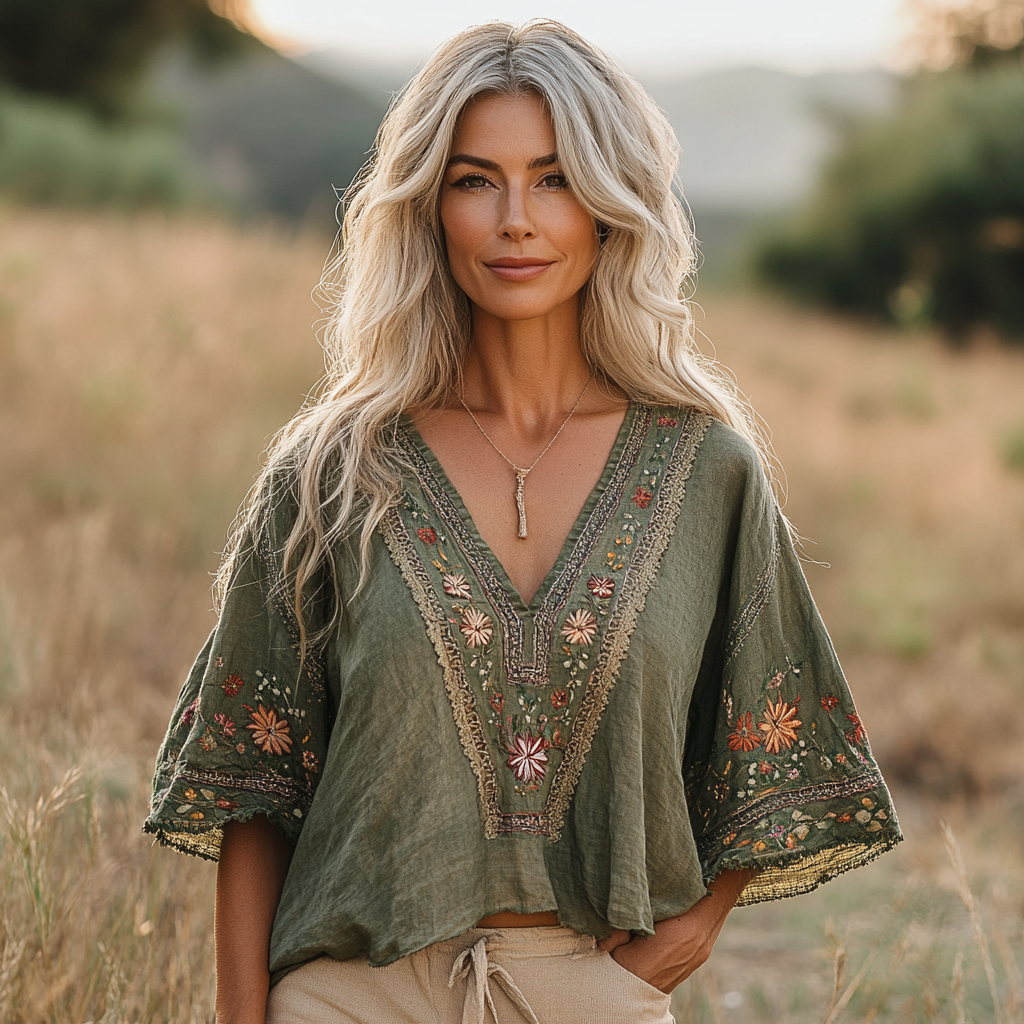 Women's Bohemian Retro Flowers Linen Blend Cozy T-shirt