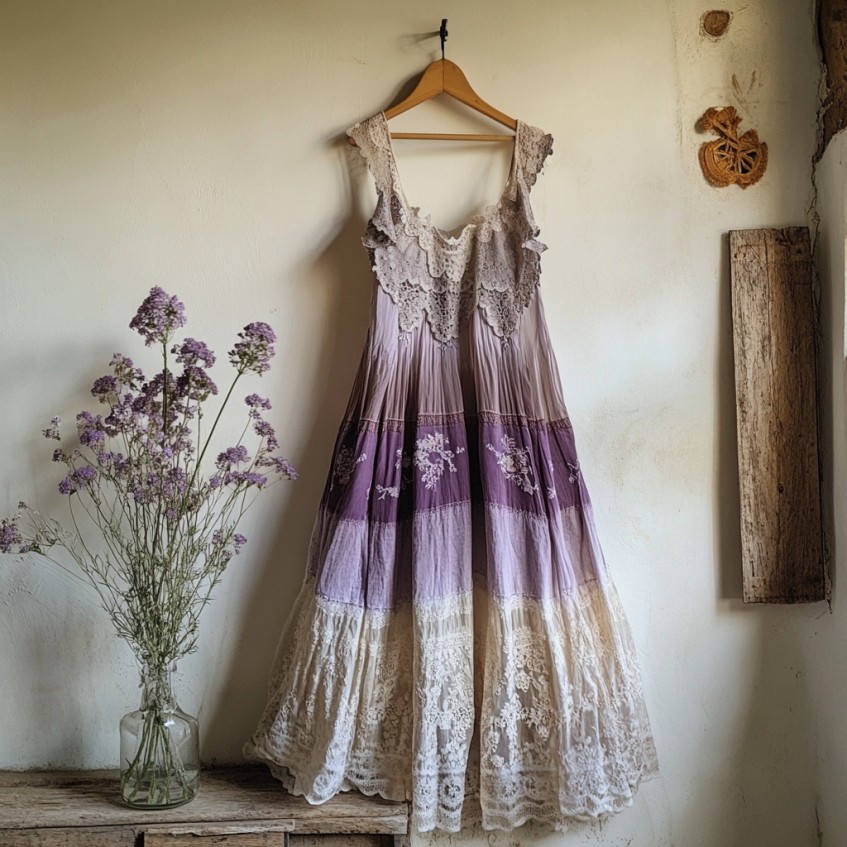 Boho Lavender Embroidered Pattern Lace Linen Dress