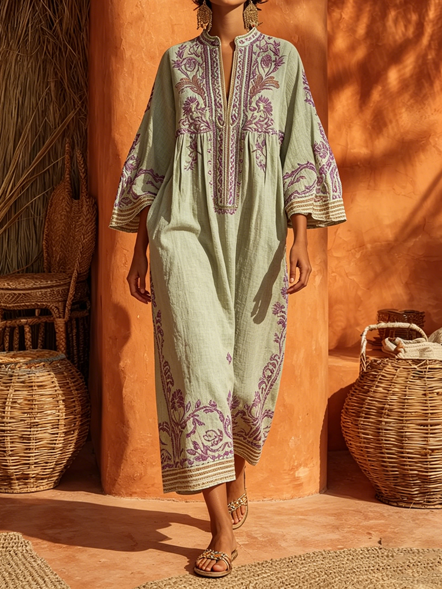 Bohemian Floral Print Cotton-linen Maxi Dress