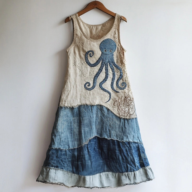 Octopus Pattern Patchwork Art Linen Blend Dress