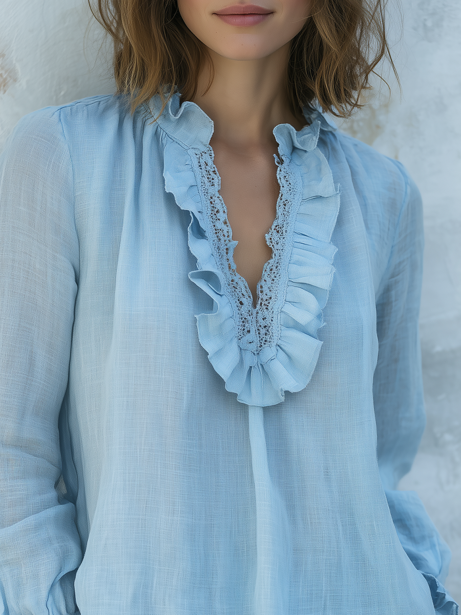 Romantic Sky Blue Ruffle Lace Blouse