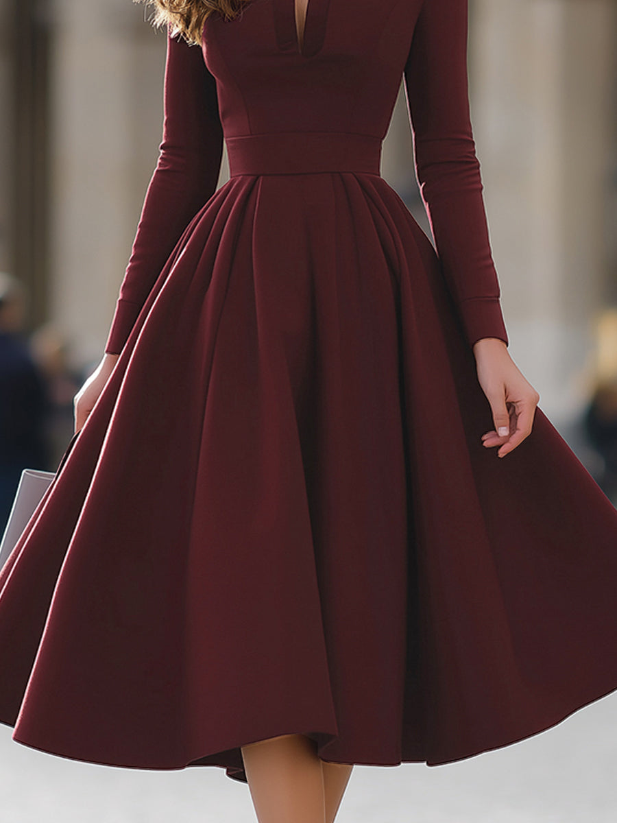 Burgundy V-Neck Full-Skirt Midi Dress