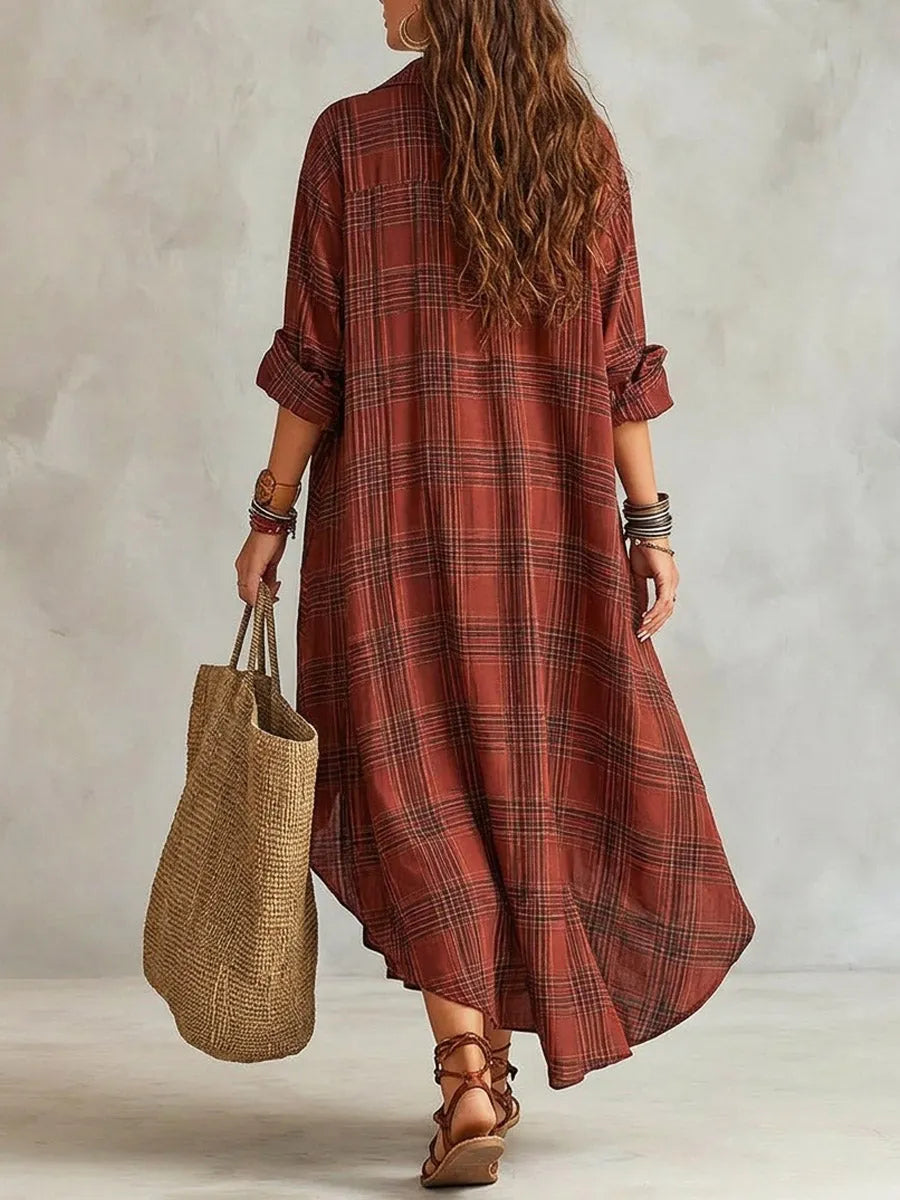 Women's Plaid Pattern Art Stylish Cotton Linen Maxi Dress