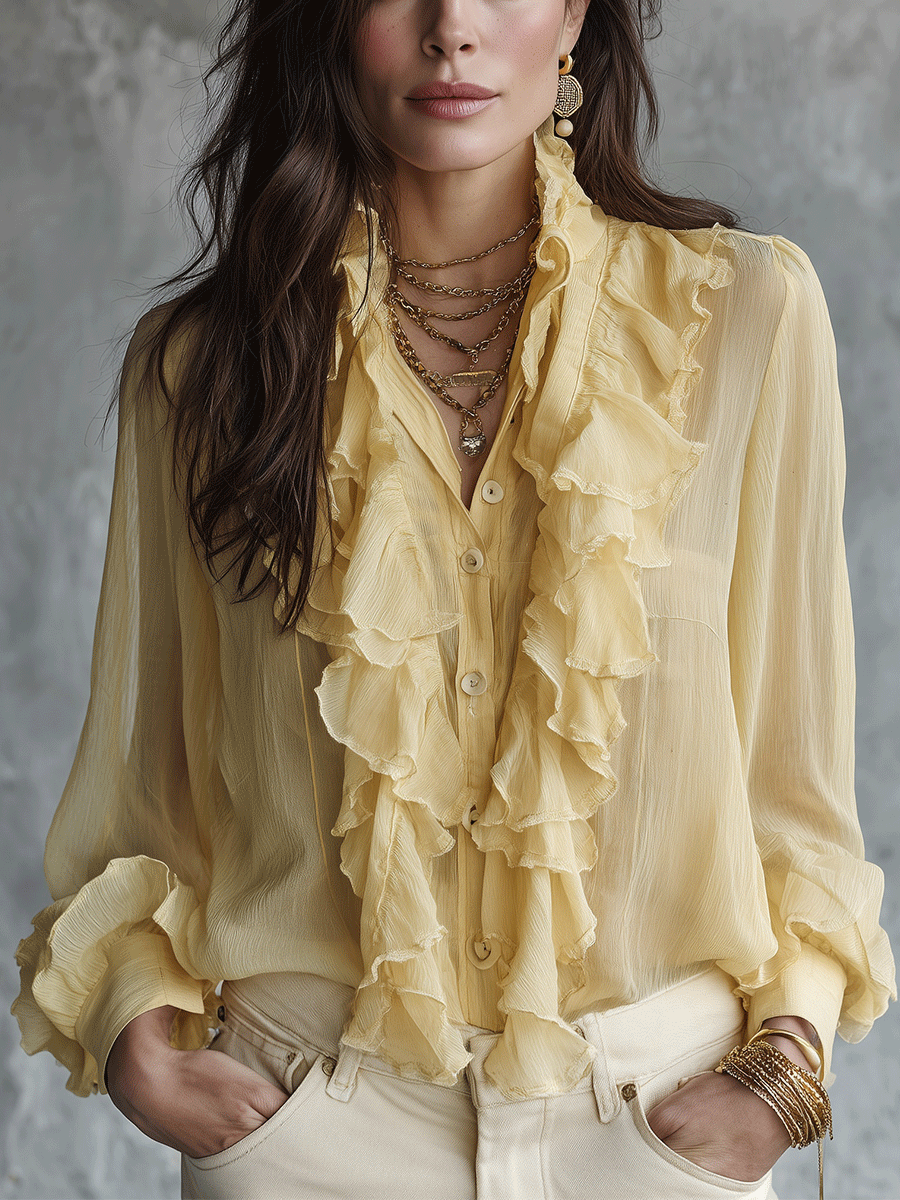 Elegant Coastal Flowy Layered-Ruffle Stand-Collar Lemon Yellow Chiffon Blouse
