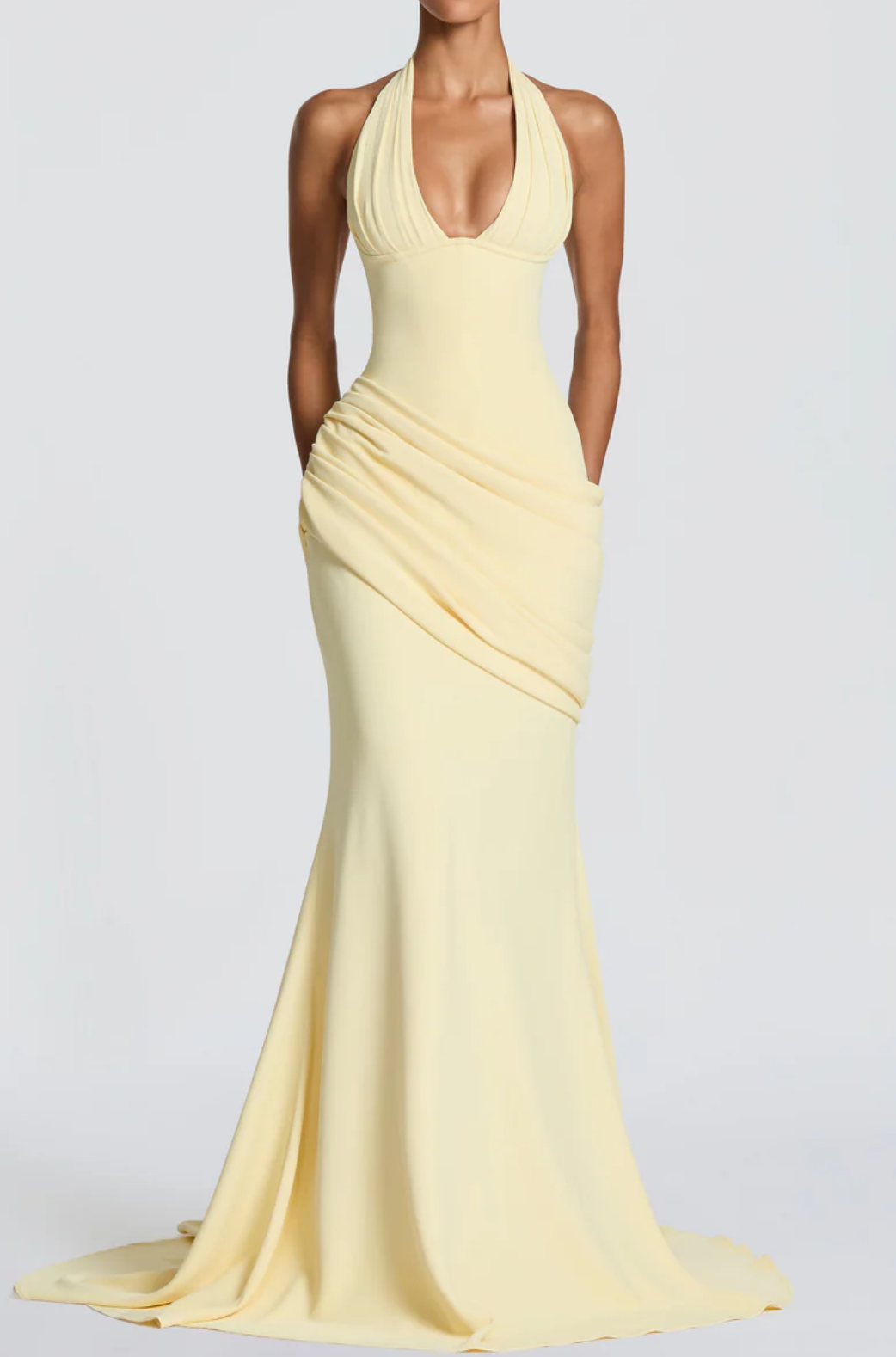 Yellow/Black Halter Neck Ruched Corset Maxi Dress with Train - Elegant Formal Evening Gown