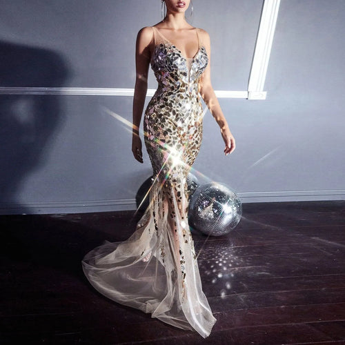 Acemysale Sexy mesh sequins decorated evening dress
