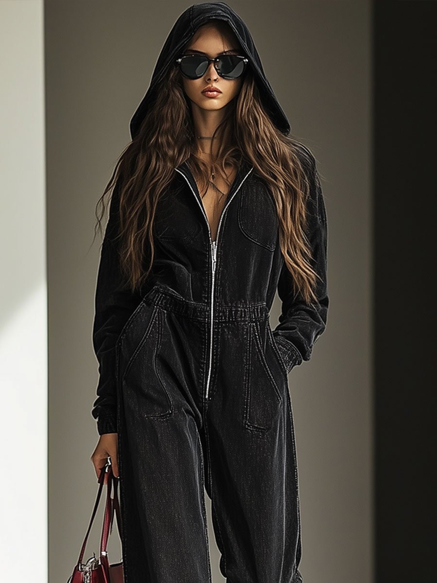 [24-hour shipping out]Casual Loose Vintage Denim Elastic Waist Zipper Hooded Jumpsuit
