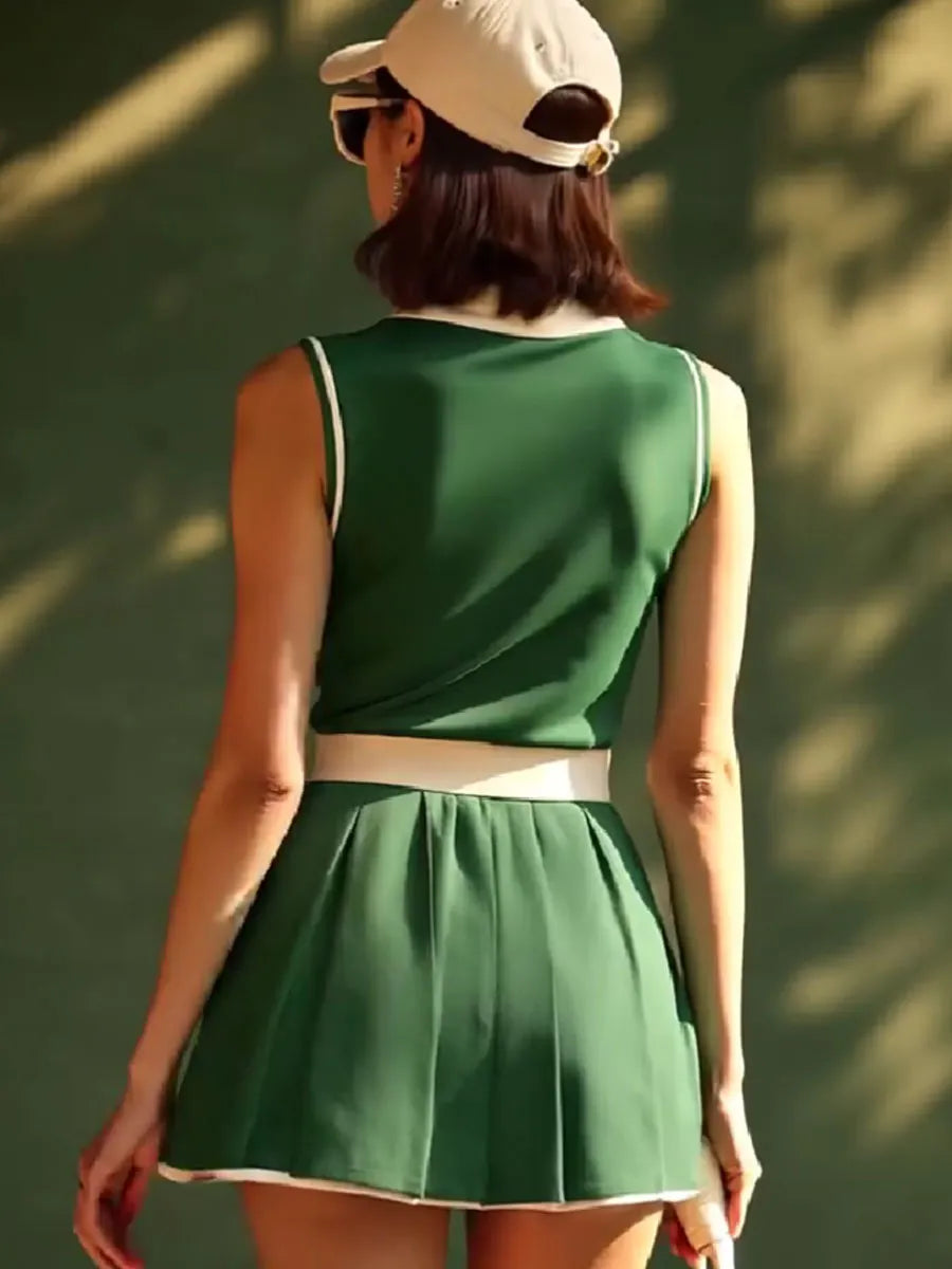 [24-hour shipping out]Casual Fashion Polo Neck White Trim Green Sleeveless Mini Dress
