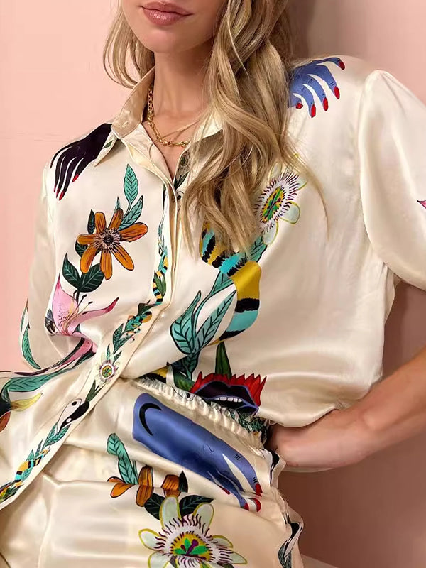 Buttoned Drawstring Elasticity Flower Print Pockets Half Sleeves Loose Lapel Two Pieces Set Pants Set