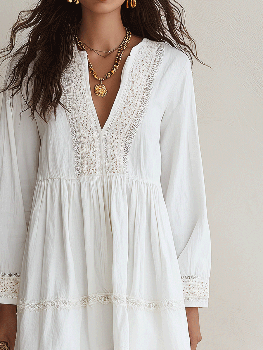 Effortless White Crochet Detailed V-Neck Mini Dress