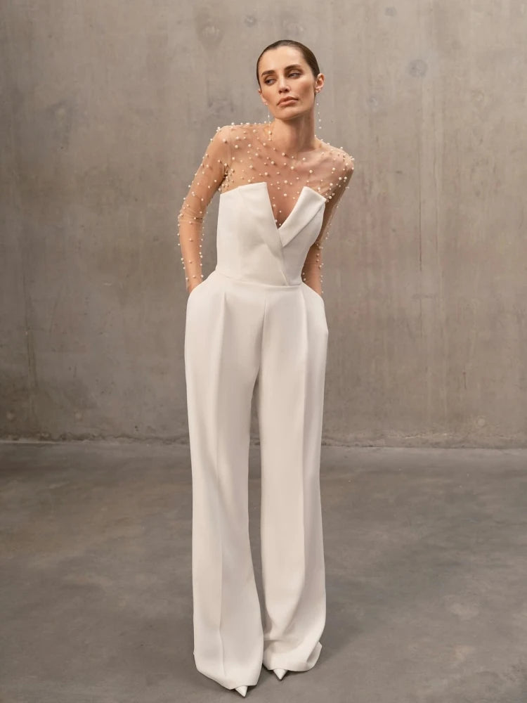 Trend4us Pearl Mesh Bodysuit and White Jumpsuit Set