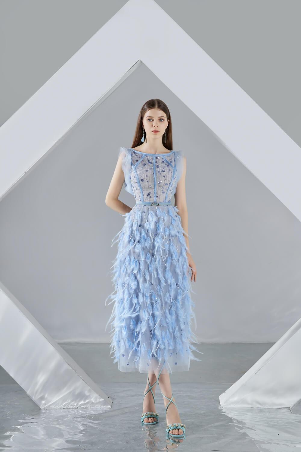 Laurel Sheath Boat Neck Organza Midi Dress
