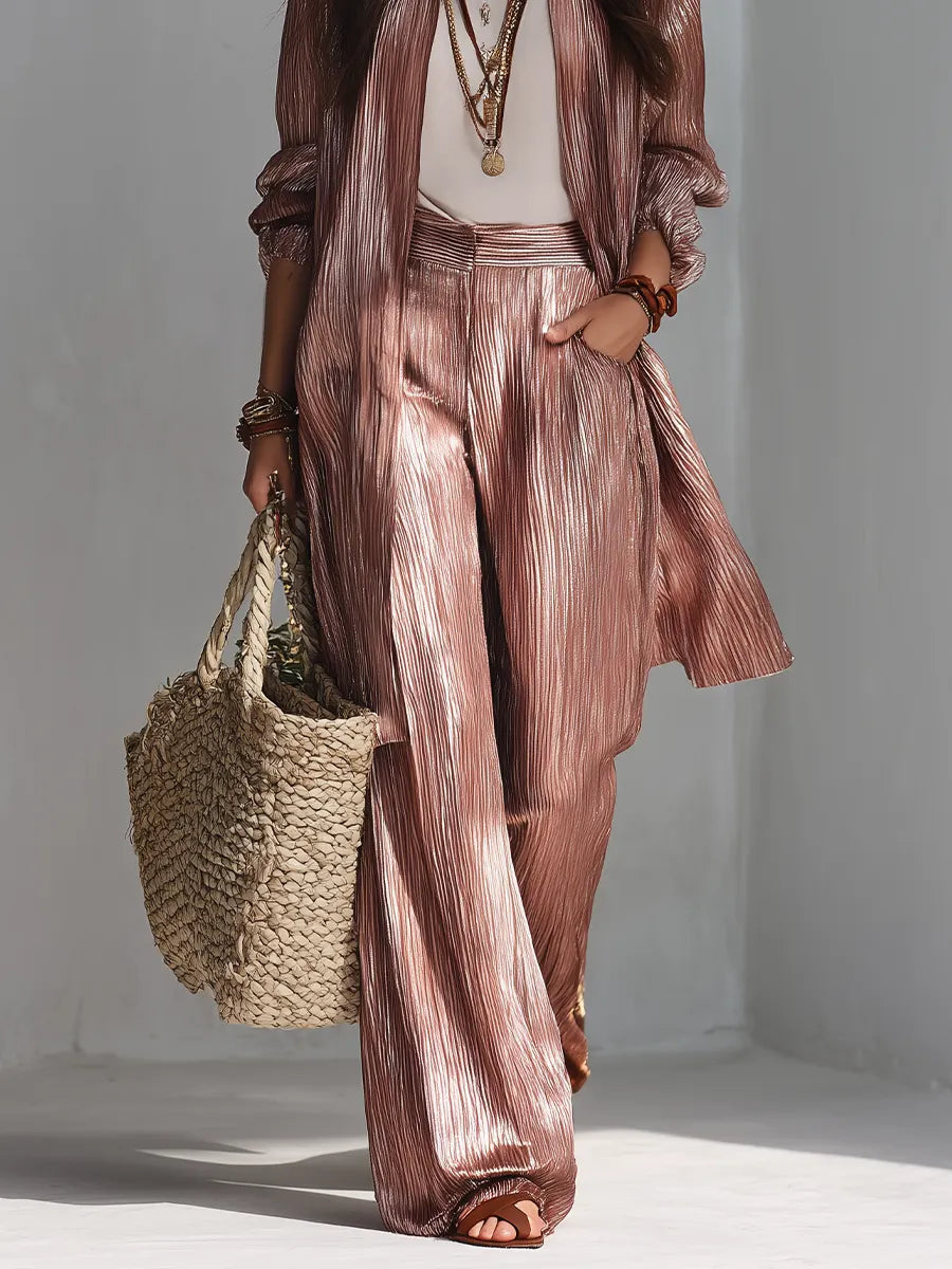 Slimming Metallic Pleated Long Cardigan Palazzo Pants Outfit Set