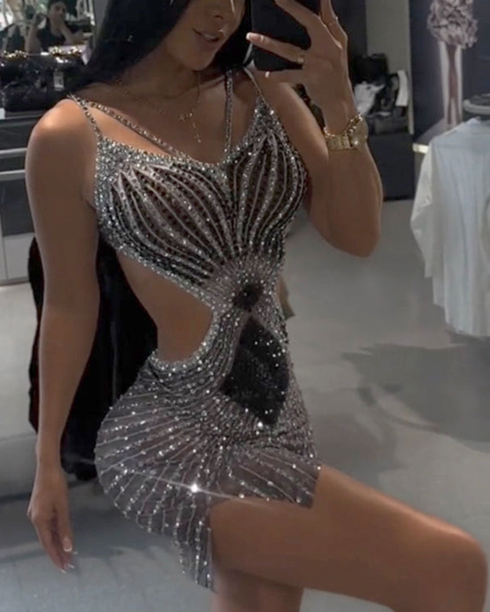 Sexy Rhinestone Mini Dress