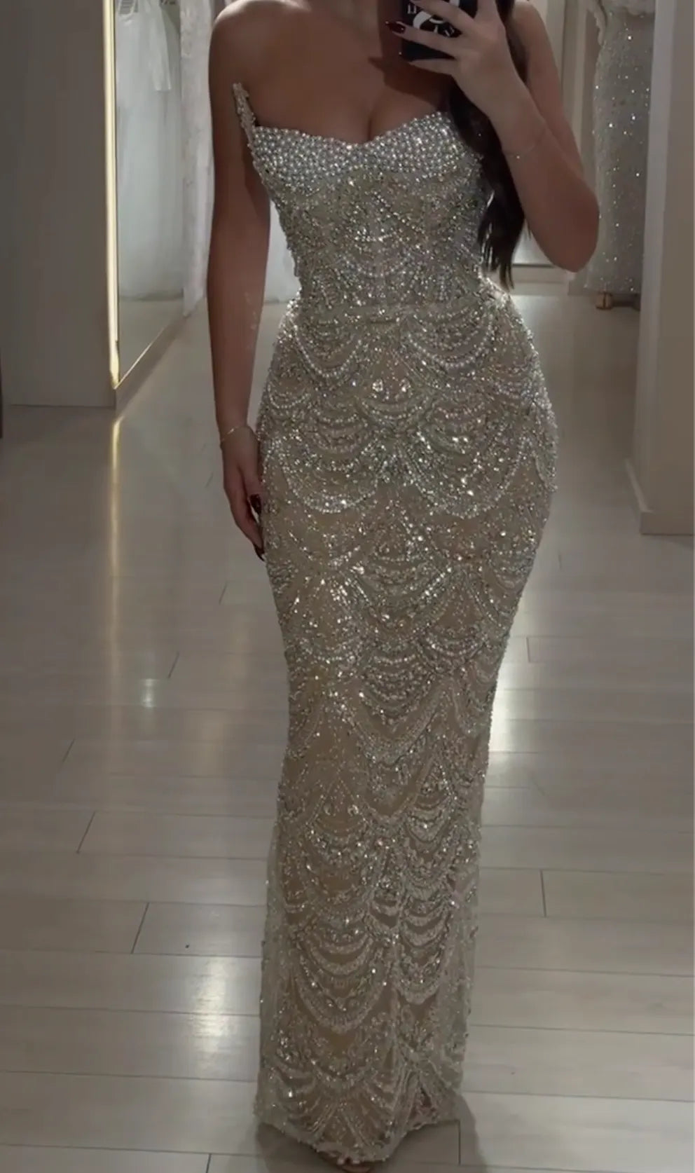 Silver Beaded One-Shoulder Maxi Dress with Mermaid Silhouette