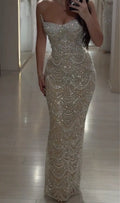 Silver Beaded One-Shoulder Maxi Dress with Mermaid Silhouette