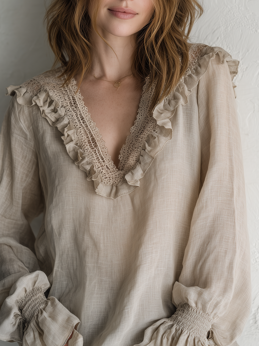 Bohemian Khaki Lace V-neck Shirt