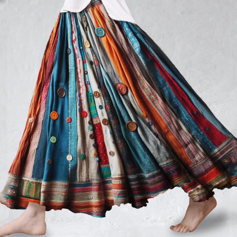 Boho Colorful Textile Flowy Linen Blend Wide Skirt