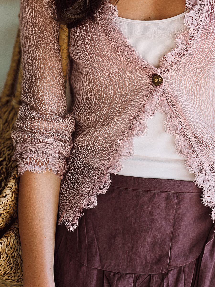 Elegant Vacation Feminine Lace Edge Lightweight Knit Cardigan