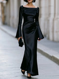 Elegant Black Satin Square Neck Flared Cuff Bodycon Maxi Dress