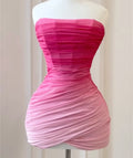 Strapless Ombre Pink Ruched Mesh Mini Bodycon Dress, Gradient Pleated Corset Party Evening Gown