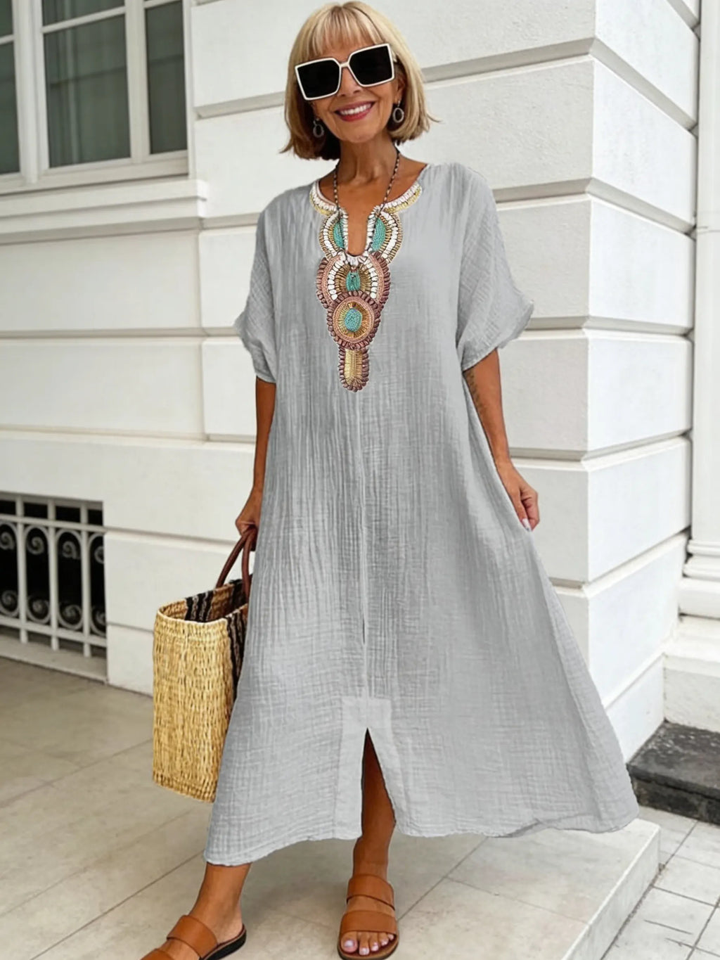 Cotton and Linen Embroidered Split Dress