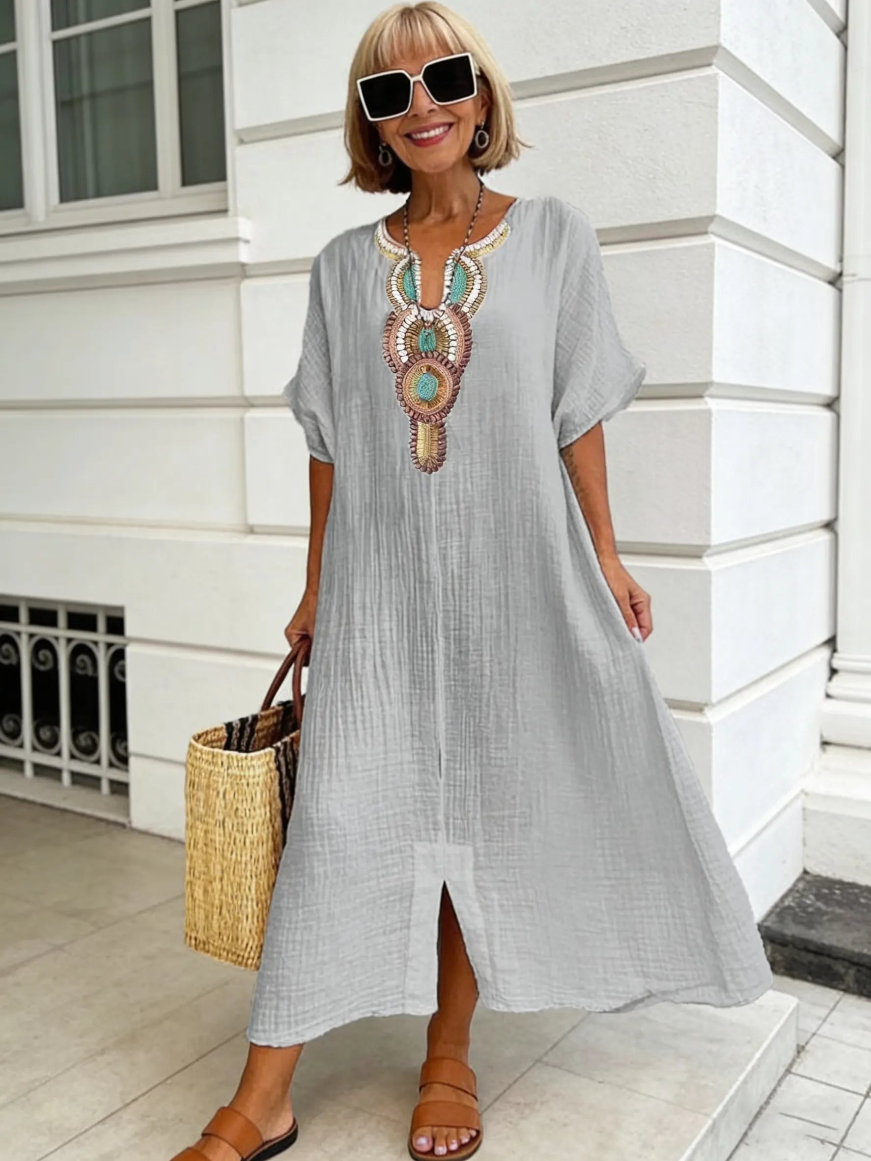 Cotton and Linen Embroidered Split Dress