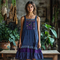 Vintage Bohemian Floral Embroidery Linen Mini Dress