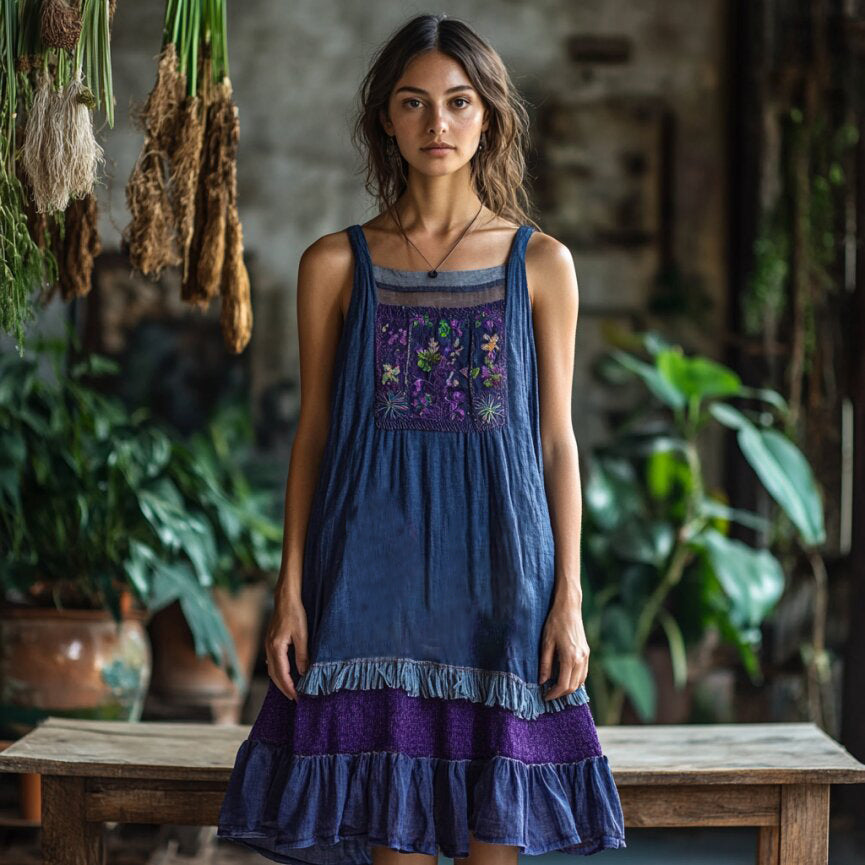 Vintage Bohemian Floral Embroidery Linen Mini Dress