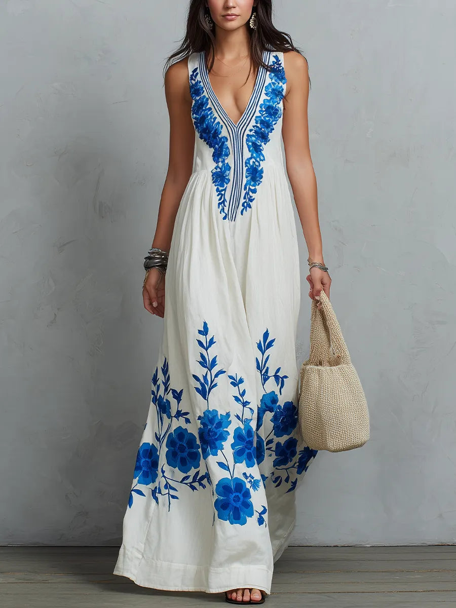 Elegant Blue Floral Print Maxi Dress