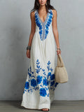 Elegant Blue Floral Print Maxi Dress