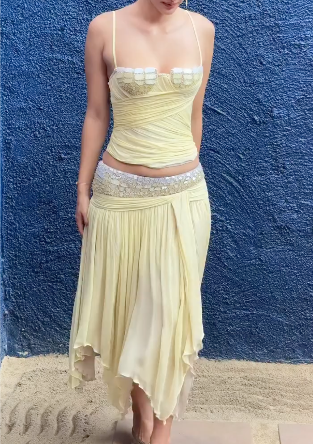 Butter Yellow Beaded Shell Crop Top & Asymmetrical Maxi Skirt Set