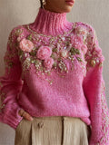 Classy Pink Roses Beaded Glitter Cozy Knit Turtleneck Sweater