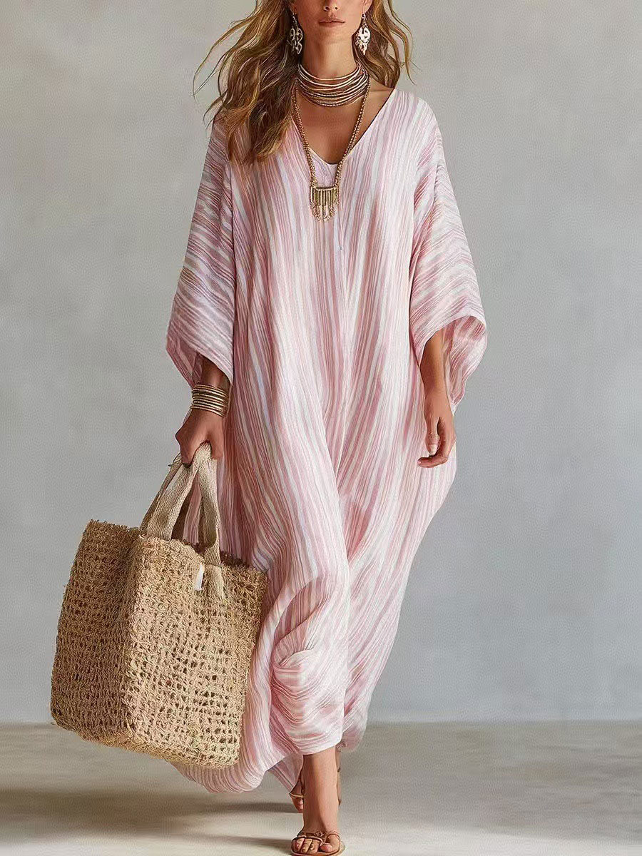 Women's V-neck Striped Half Sleeves Midi Dress