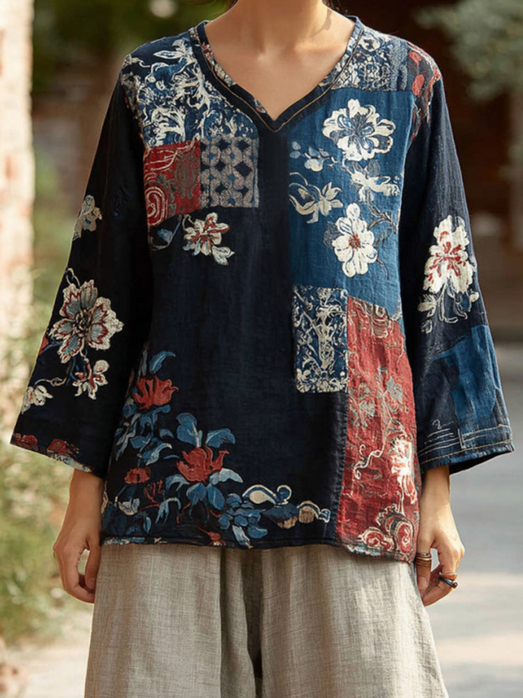 Women's Floral Pattern Linen V-neck T-shirt