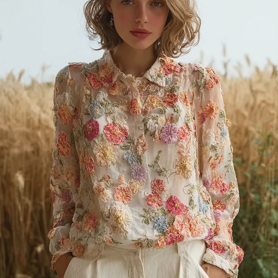 Bohemian Style 3d Plant Flower Pattern Cotton Linen Shirt