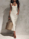 Resort Minimalist Pocket Detail Linen Midi Dress